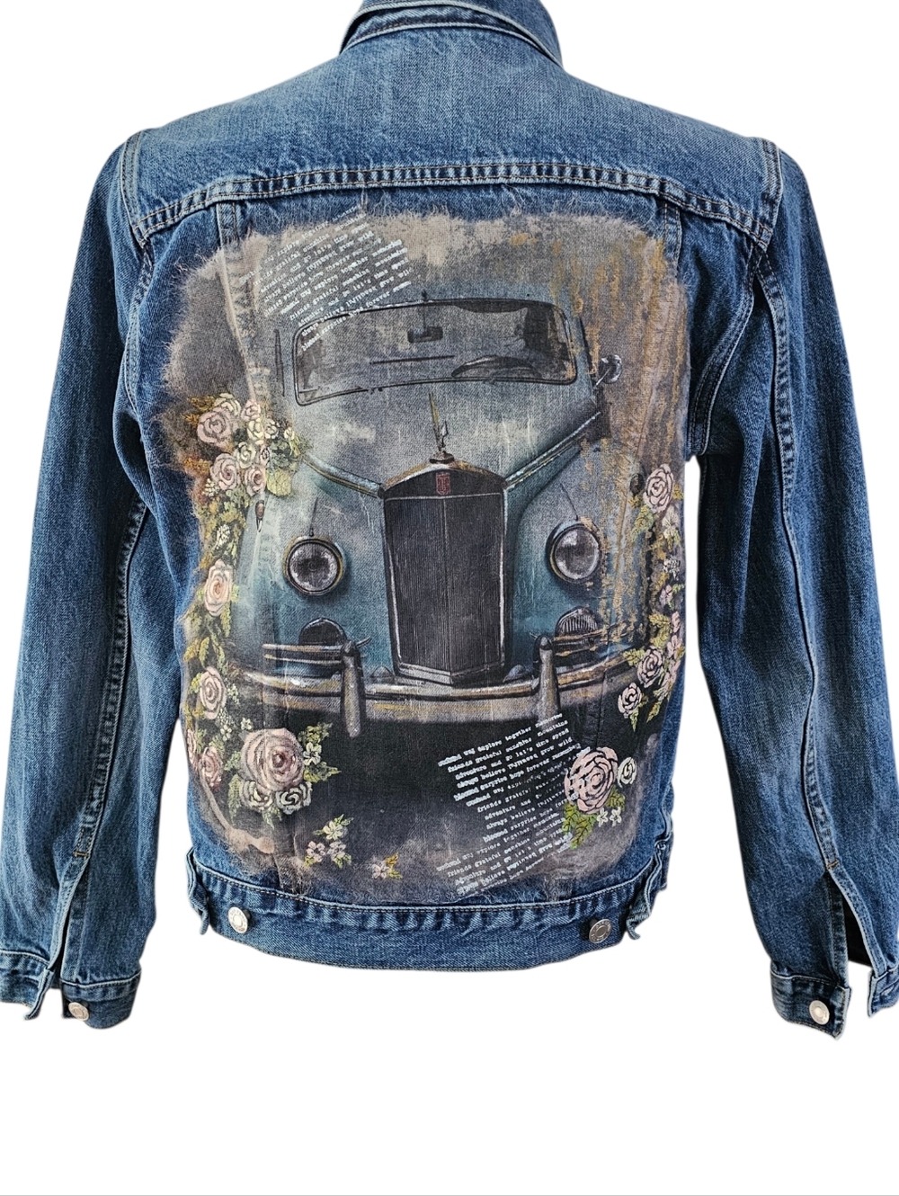 Mixed Media Vintage Car And Floral Jean Jacket